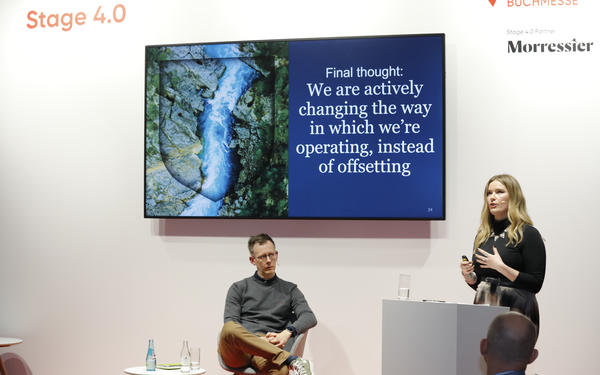 Cambridge’s Head of Supply Chain Operations John Gorrod (left) and Senior Marketing Manager Nina Wallis (right) speak at Frankfurt Book Fair.