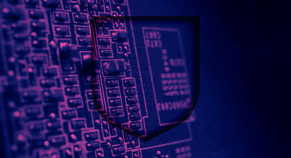Image of motherboard with purple wash, featuring a central shield emblem